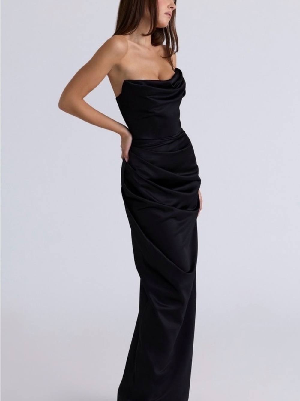 House of CB Adrienne Black Satin Strapless Corset Maxi Dress Formal - Picture 3 of 9